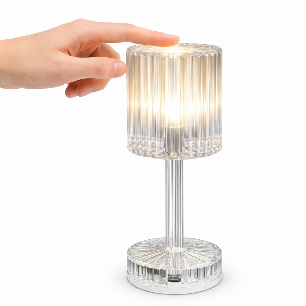 Lampa de Masa Tactila LED S-Eye - Design Cristal Transparent, Lumina Calda, Alimentare USB