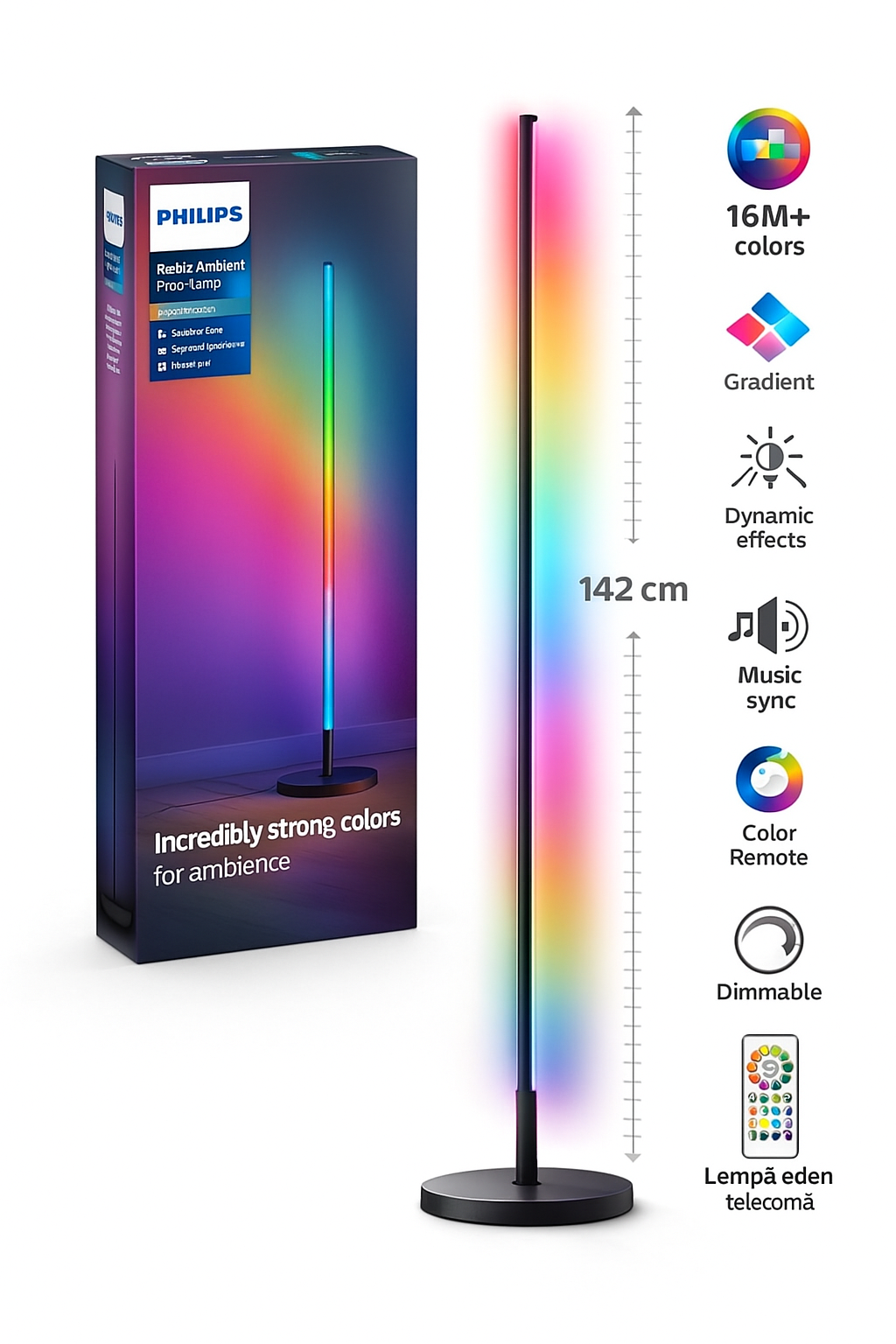 Lampa Philips RGBIC 142 cm, 13 moduri lumina, telecomanda, gradient si efecte dinamice