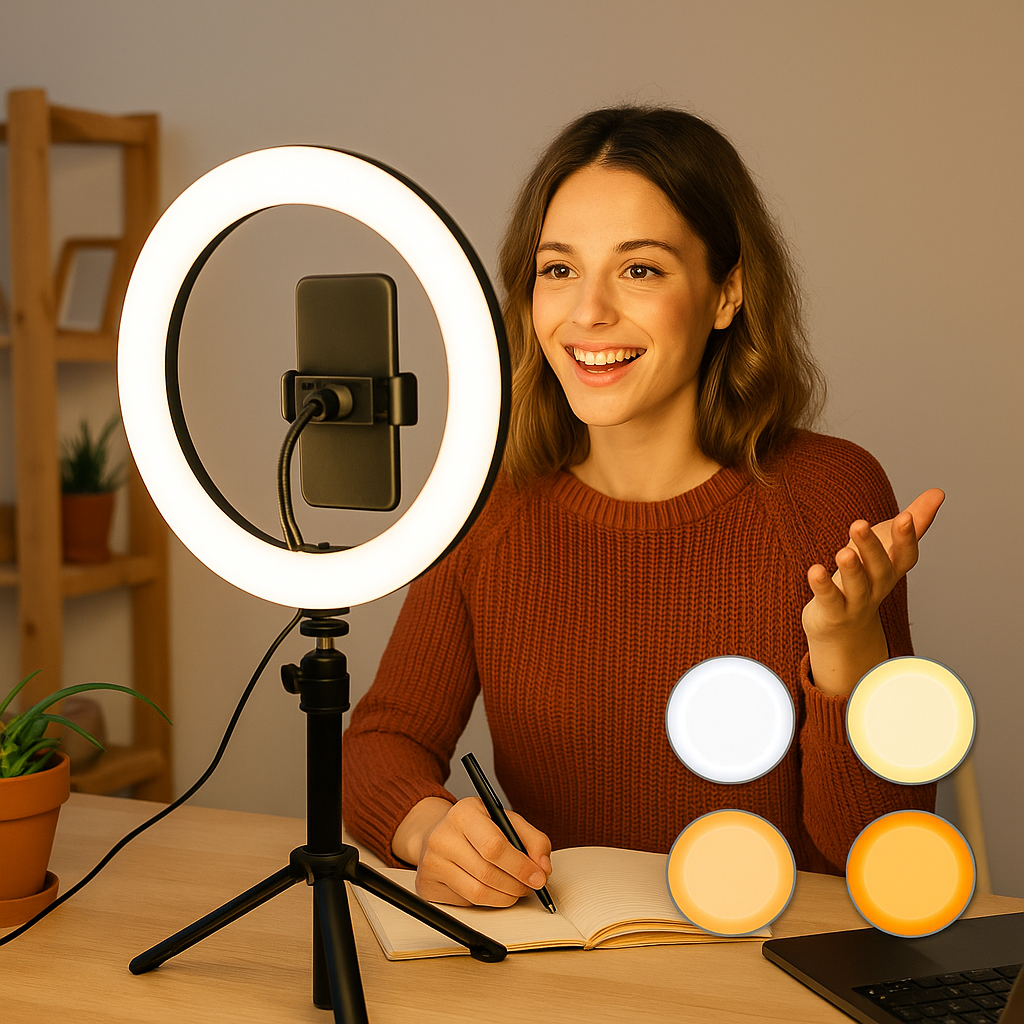 Lampa Selfie XXL 140 LED, Lumina Rece-Calda-Neutra, Stativ Metalic Reglabil, USB