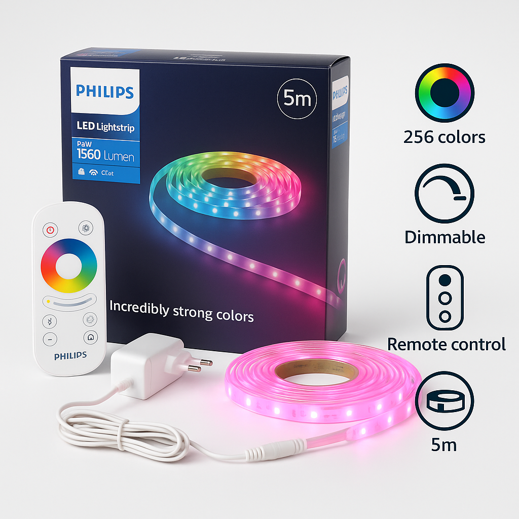 Bandă LED Philips RGB 5m, 24W, 1500 lm, telecomandă, 256 culori, iluminare ambientală