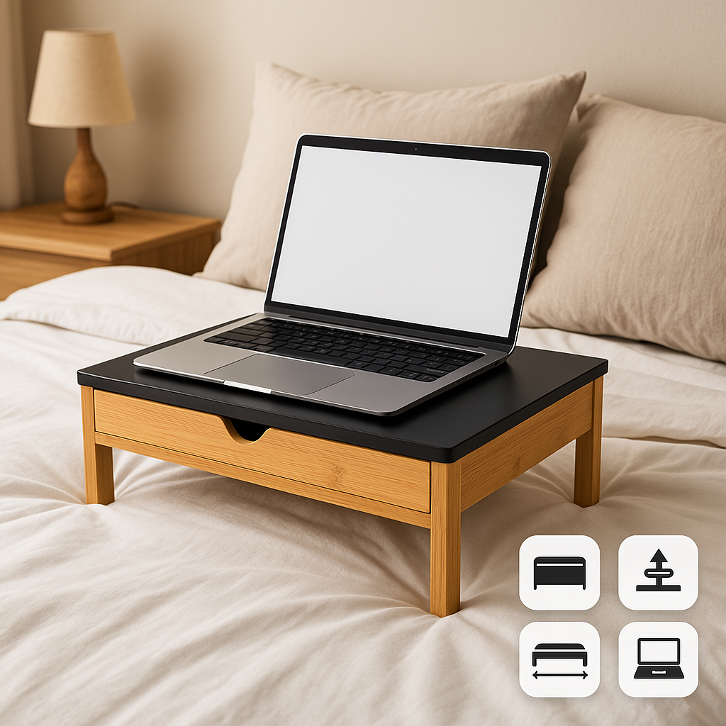 Suport laptop s-Eye din bambus cu sertar si stand pentru tableta, reglabil 9 pozitii