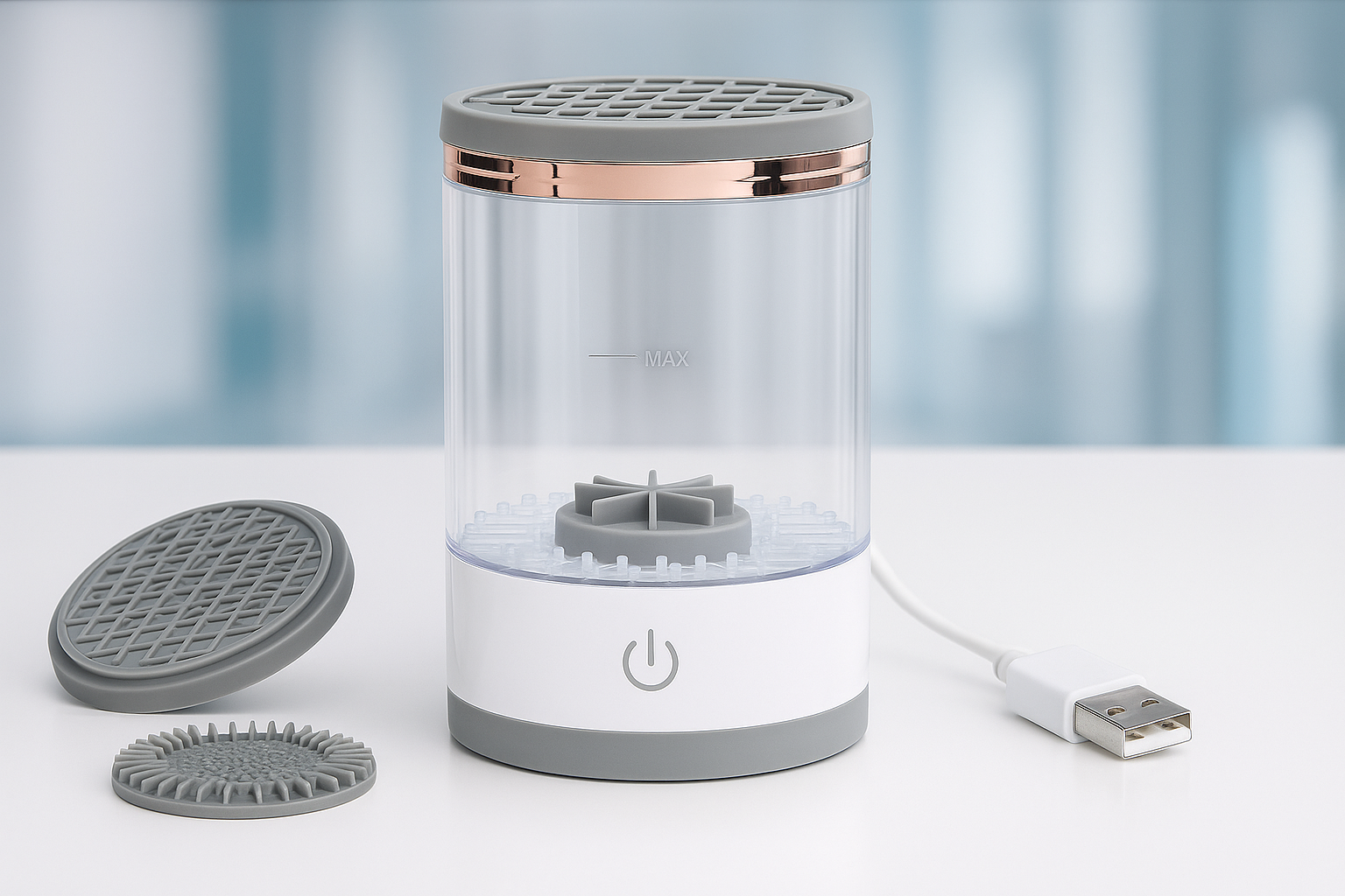 Aparat curățare pensule machiaj S-Eye, rotire 360°, suport uscare, alb, pentru 3 pensule