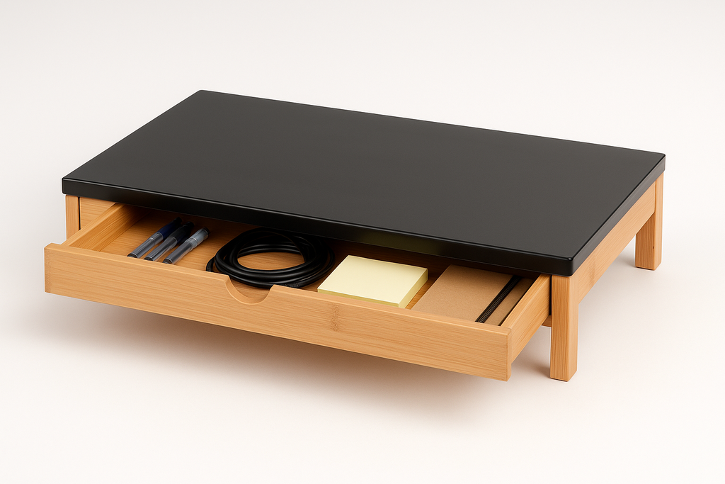 Suport laptop s-Eye din bambus cu sertar si stand pentru tableta, reglabil 9 pozitii