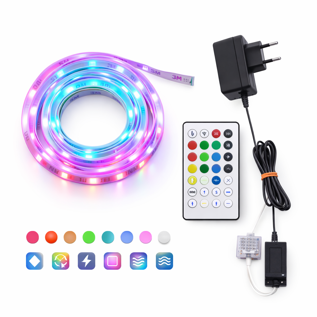 Banda LED 3m Grundig RGB + Alb Reglabil, 270 LED-uri SMD 5050, 600lm, 12 Culori, 4 Moduri, Functie Muzica, Telecomanda si Adaptor 12V Incluse