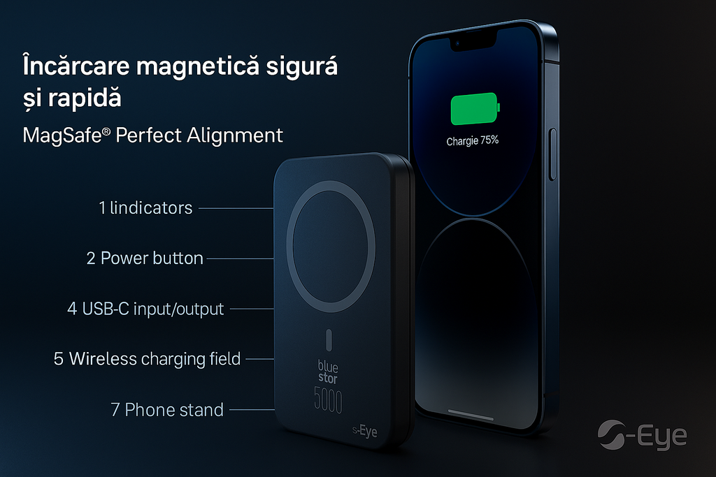 Baterie externa, Powerbank Magnetic s-Eye 5000 mAh cu Suport MagSafe si Stand Integrat – Incarcare Rapida USB-C & Wireless