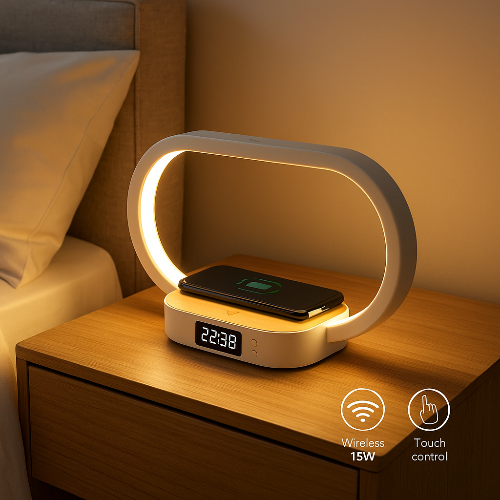 Lampa Multifunctionala s-Eye 3-in-1 cu Ceas, Lumina LED Reglabila si Wireless Charger