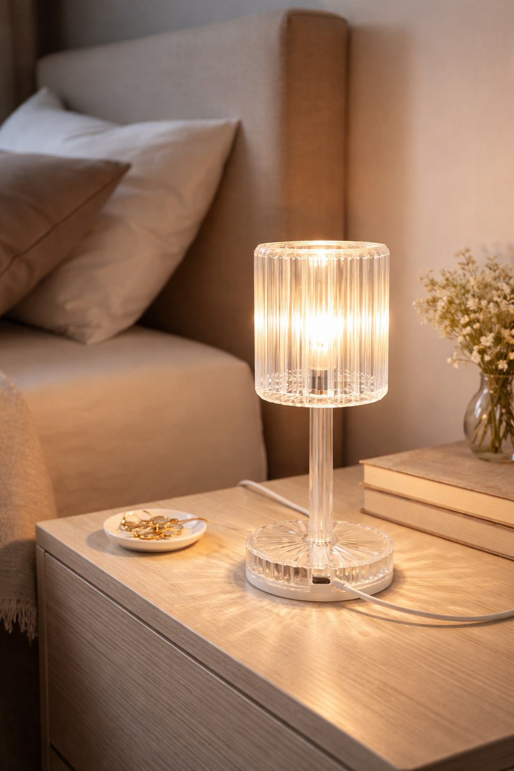 Lampa de Masa Tactila LED S-Eye - Design Cristal Transparent, Lumina Calda, Alimentare USB