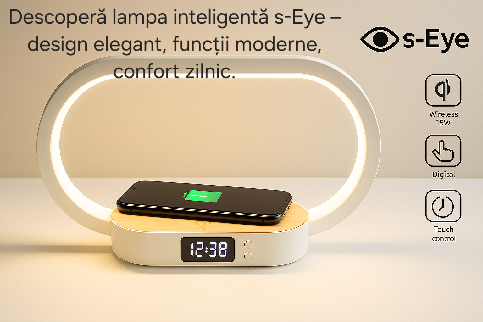 Lampa Multifunctionala s-Eye 3-in-1 cu Ceas, Lumina LED Reglabila si Wireless Charger