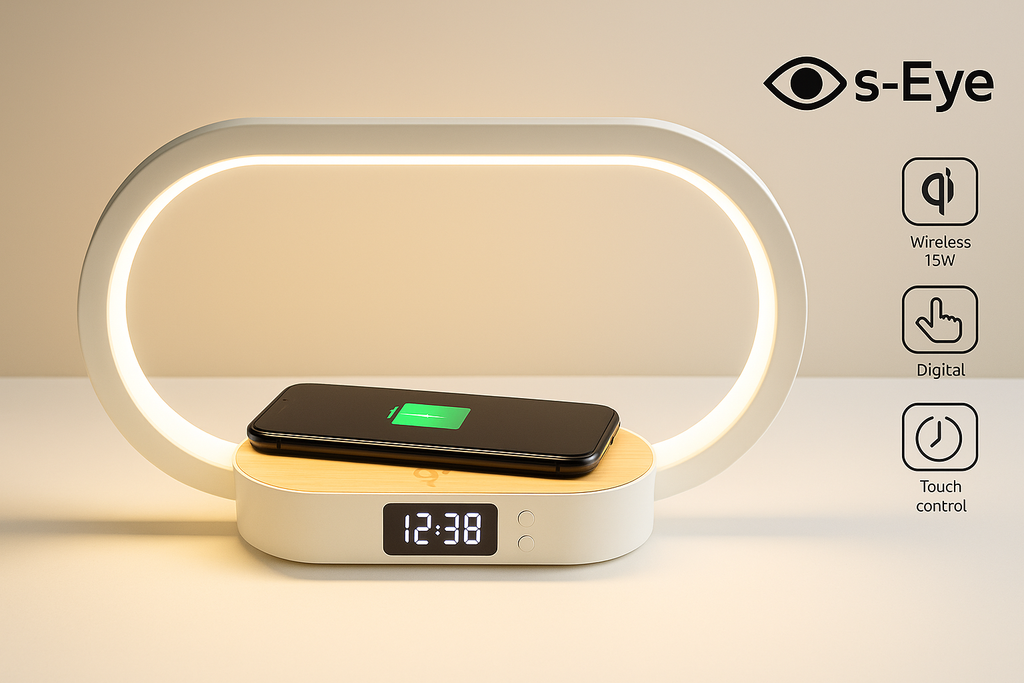 Lampa Multifunctionala s-Eye 3-in-1 cu Ceas, Lumina LED Reglabila si Wireless Charger