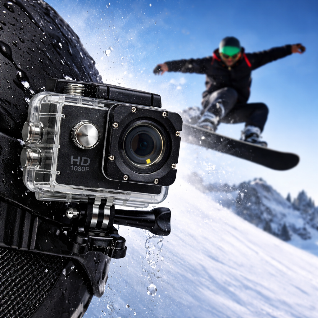 Cameră de acțiune Full HD 1080p cu WiFi, carcasă waterproof 30 m, ecran 2 inch, accesorii incluse