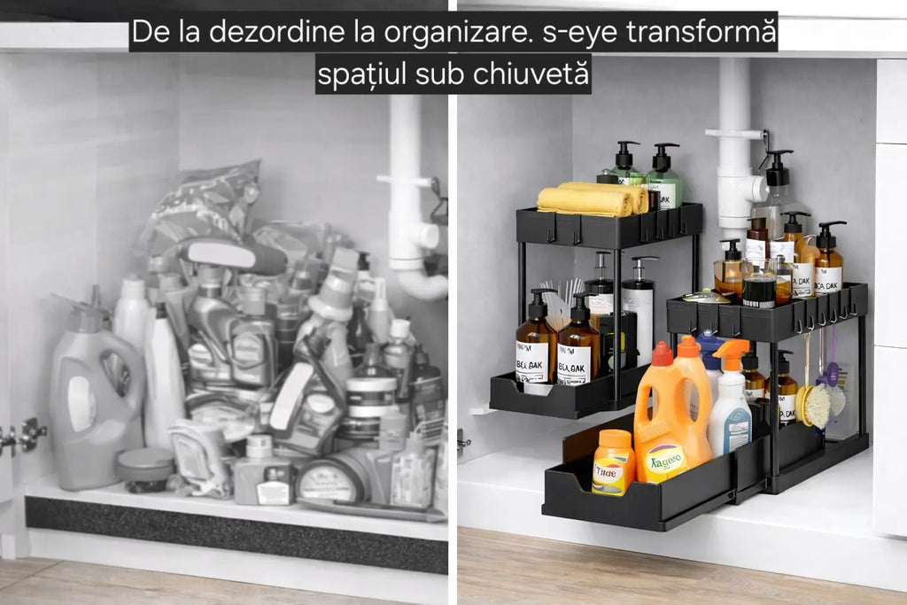 Organizator sub chiuvetă s-eye cu coș glisant, 2 niveluri, raft depozitare baie și bucătărie, negru