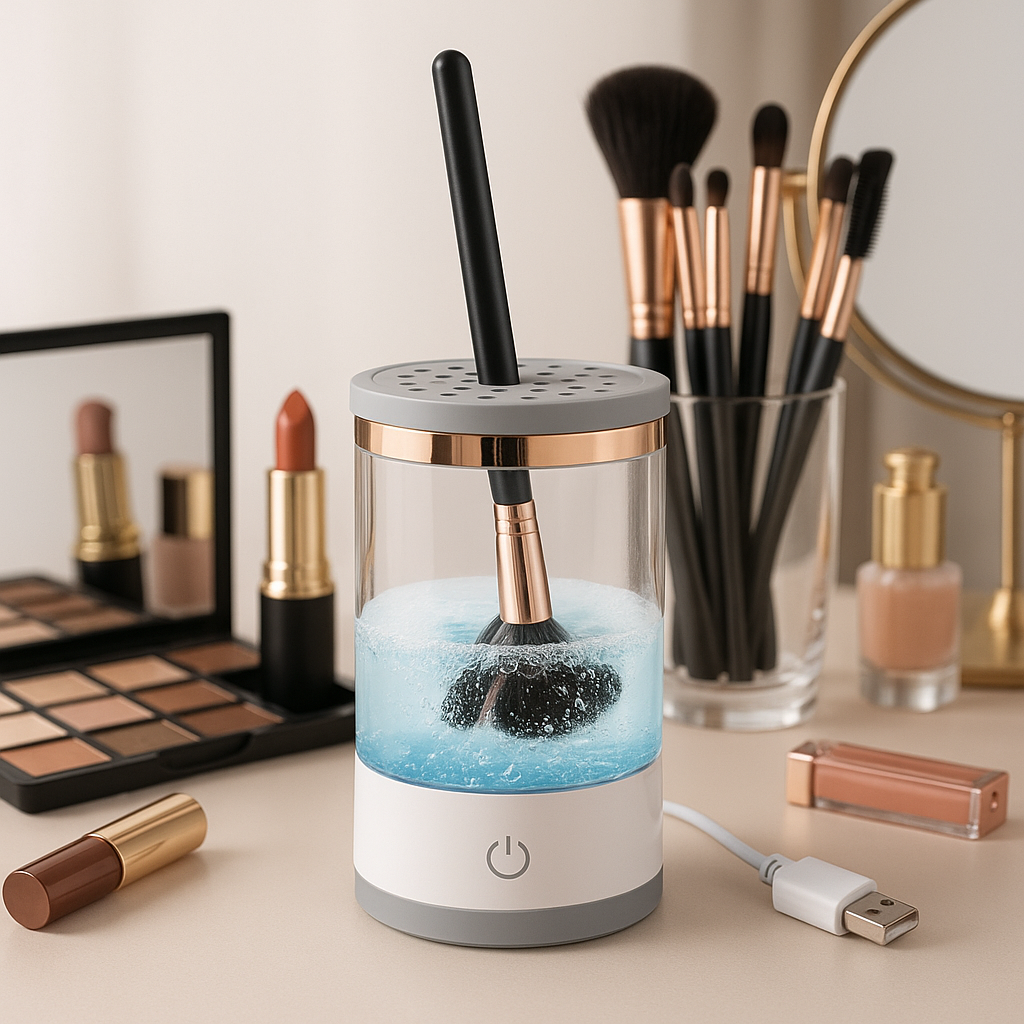 Aparat curățare pensule machiaj S-Eye, rotire 360°, suport uscare, alb, pentru 3 pensule