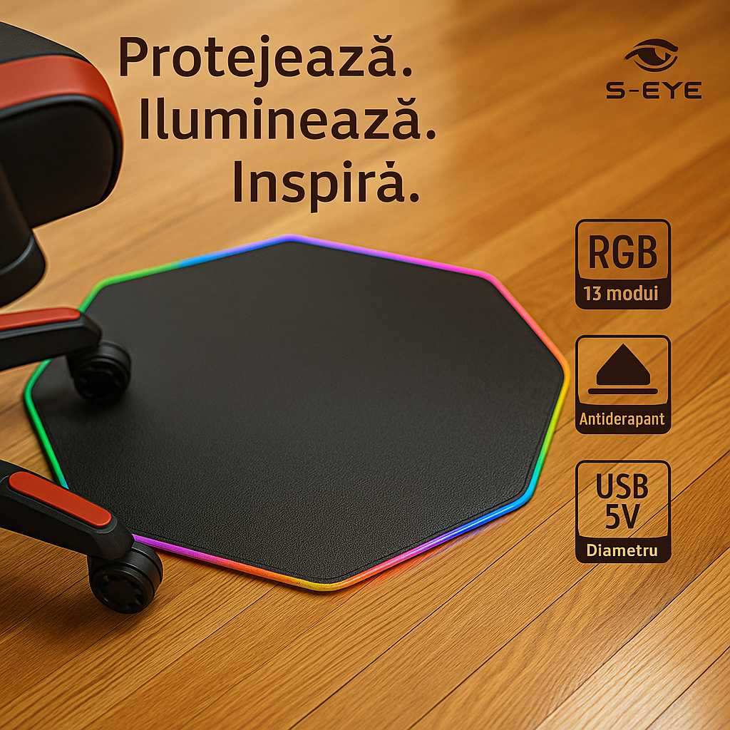 Covoraș de Podea Gaming S-Eye, LED RGB, octogonal, antiderapant, 115 cm, multicolor
