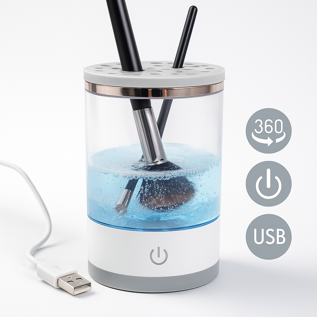 Aparat curățare pensule machiaj S-Eye, rotire 360°, suport uscare, alb, pentru 3 pensule