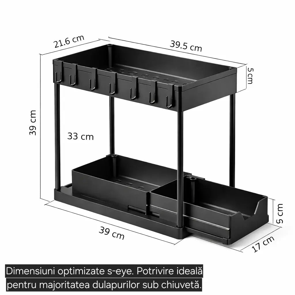 Organizator sub chiuvetă s-eye cu coș glisant, 2 niveluri, raft depozitare baie și bucătărie, negru