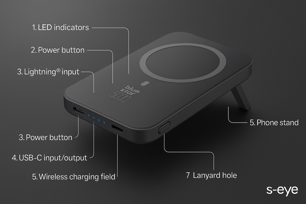 Baterie externa, Powerbank Magnetic s-Eye 5000 mAh cu Suport MagSafe si Stand Integrat – Incarcare Rapida USB-C & Wireless