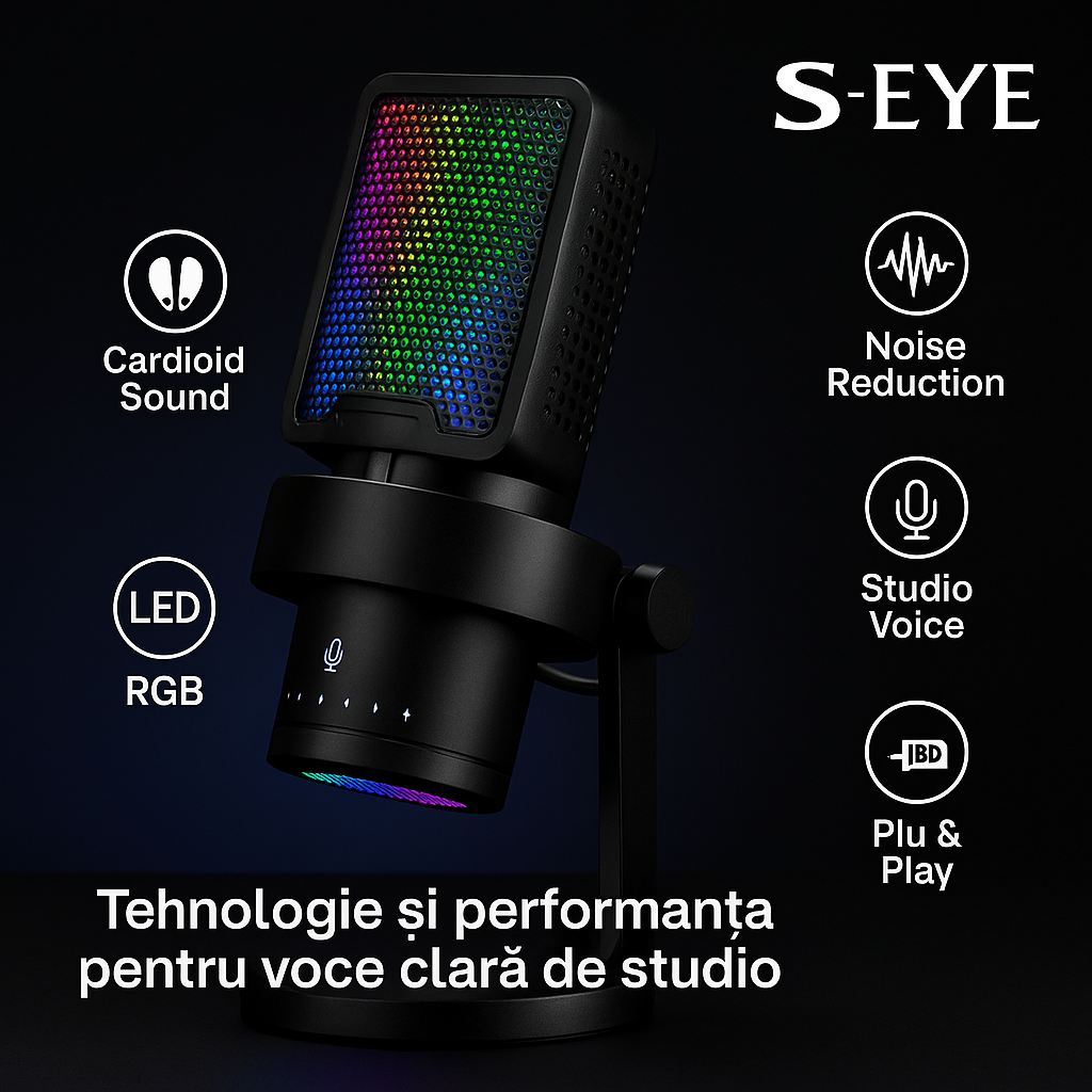 Microfon Profesional S-Eye USB cu LED RGB si Rotire 180° – Sunet Clar pentru Podcast si Gaming