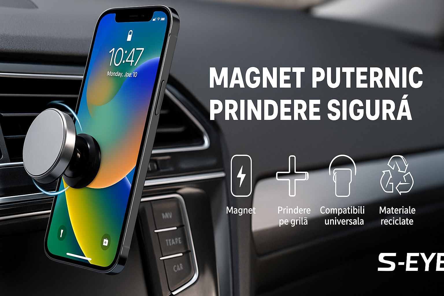 Suport auto magnetic S-Eye pentru telefon, prindere pe grila de ventilatie, rotire 360
