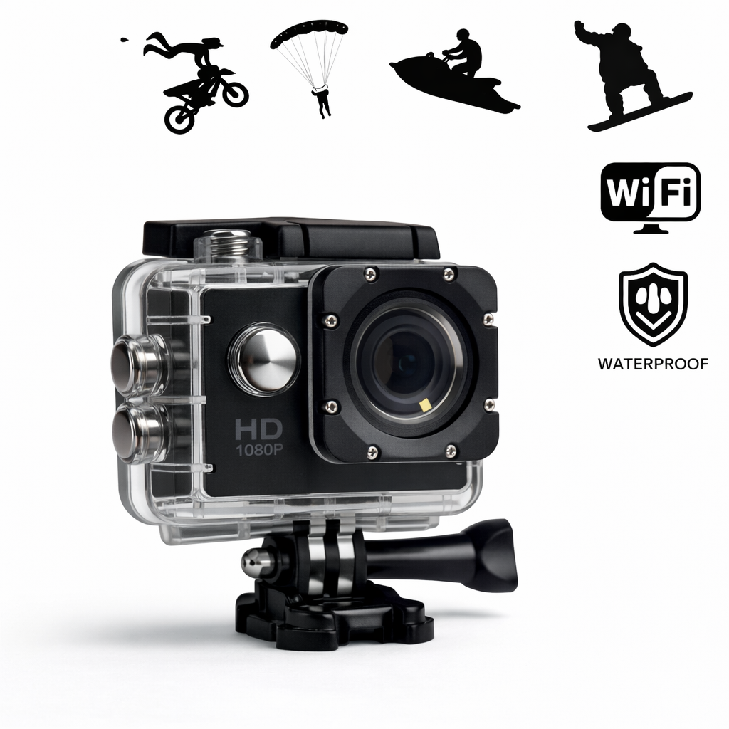 Cameră de acțiune Full HD 1080p cu WiFi, carcasă waterproof 30 m, ecran 2 inch, accesorii incluse