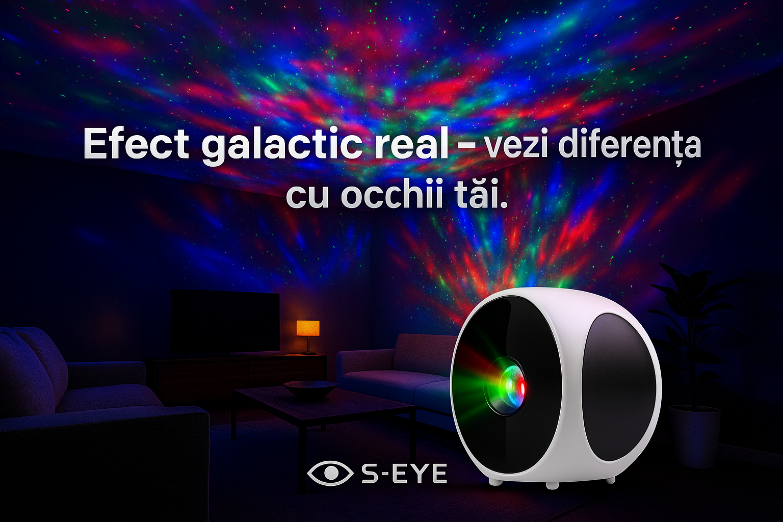 Proiector Laser RGB S-Eye Galaxy Light, Cer Instelat, Telecomanda si Timer Inteligent pentru Relaxare