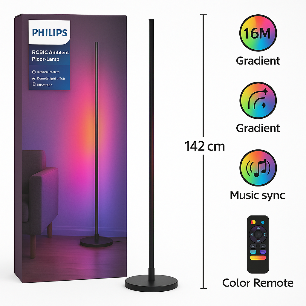 Lampa Philips RGBIC 142 cm, 13 moduri lumina, telecomanda, gradient si efecte dinamice