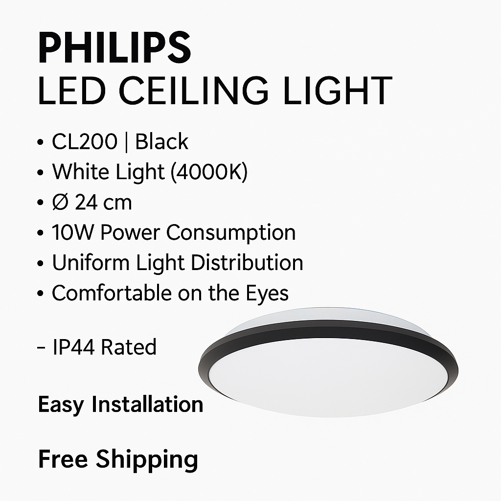 Plafoniera LED Philips CL200 Black, 10W, 1000 lm, 3000K, IP44, Ø24 cm