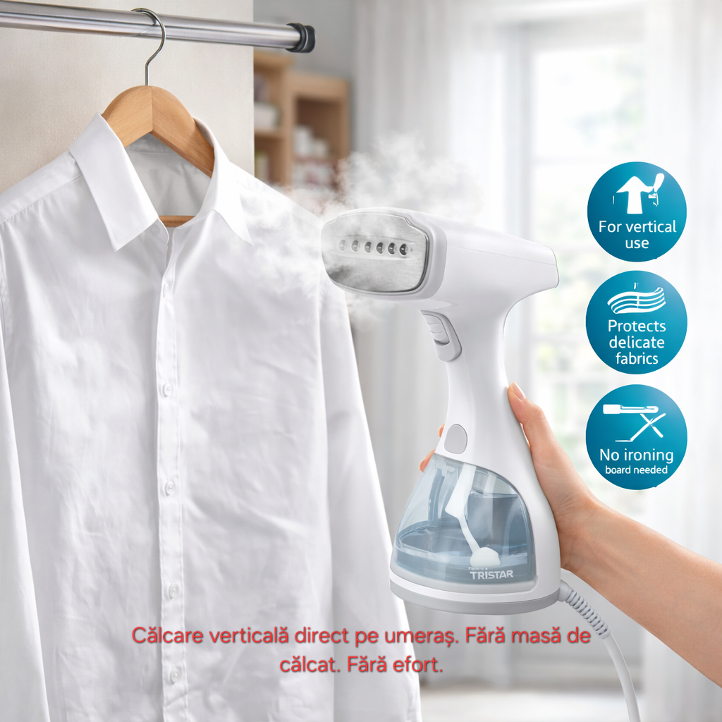Calcator vertical cu abur s-Eye Tristar 1500W, abur continuu 25 g minut, rezervor 0.3L
