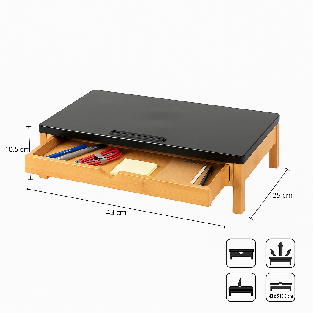 Suport laptop s-Eye din bambus cu sertar si stand pentru tableta, reglabil 9 pozitii