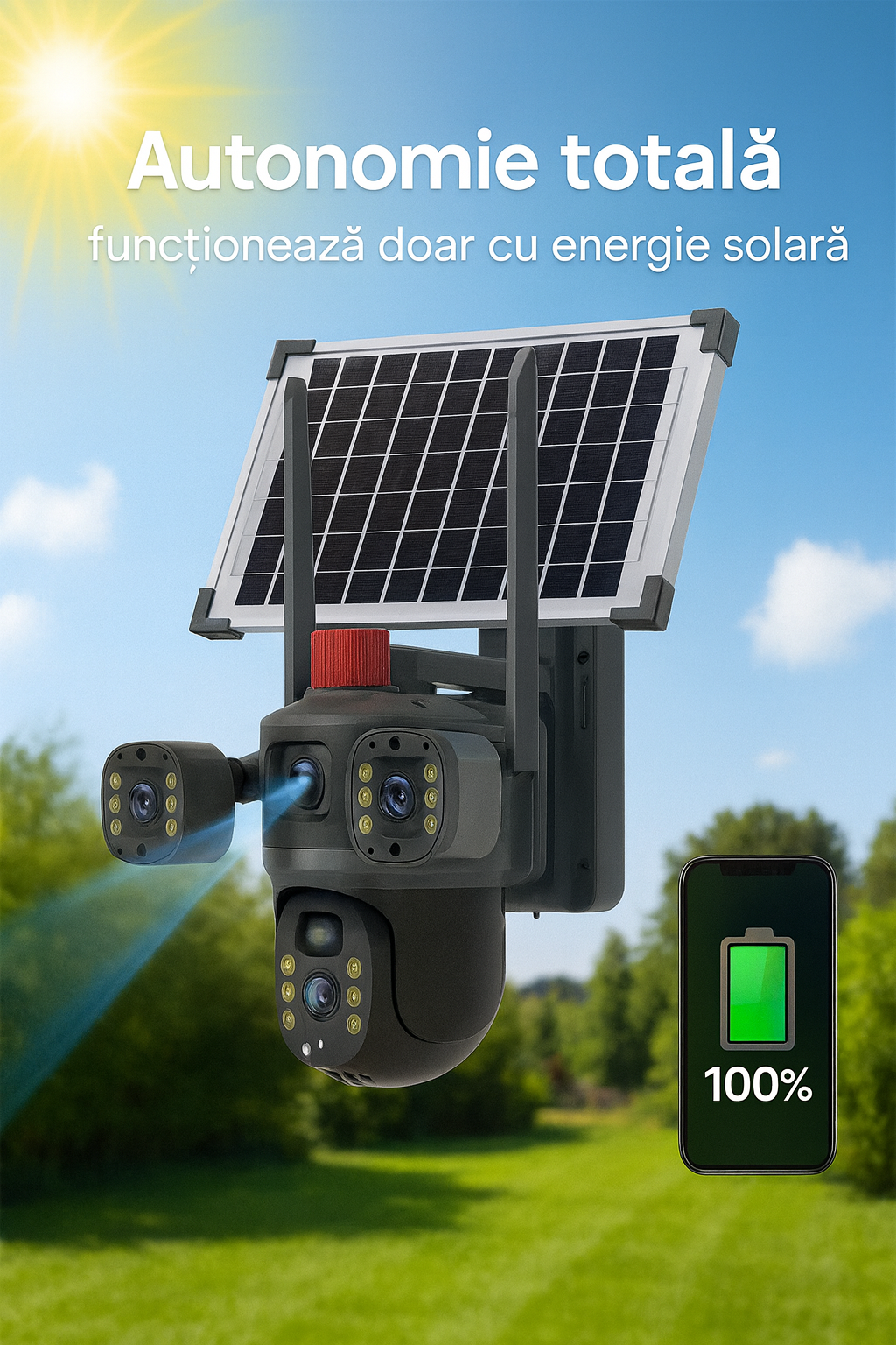 Cameră de Supraveghere Exterioară s-Eye Tripla 4G, 12MP Ultra HD, Zoom 10X, PTZ, Alimentare Solară 7.5W, Baterie 8000mAh