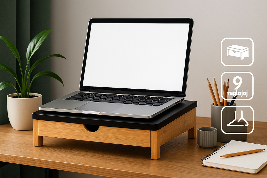 Suport laptop s-Eye din bambus cu sertar si stand pentru tableta, reglabil 9 pozitii