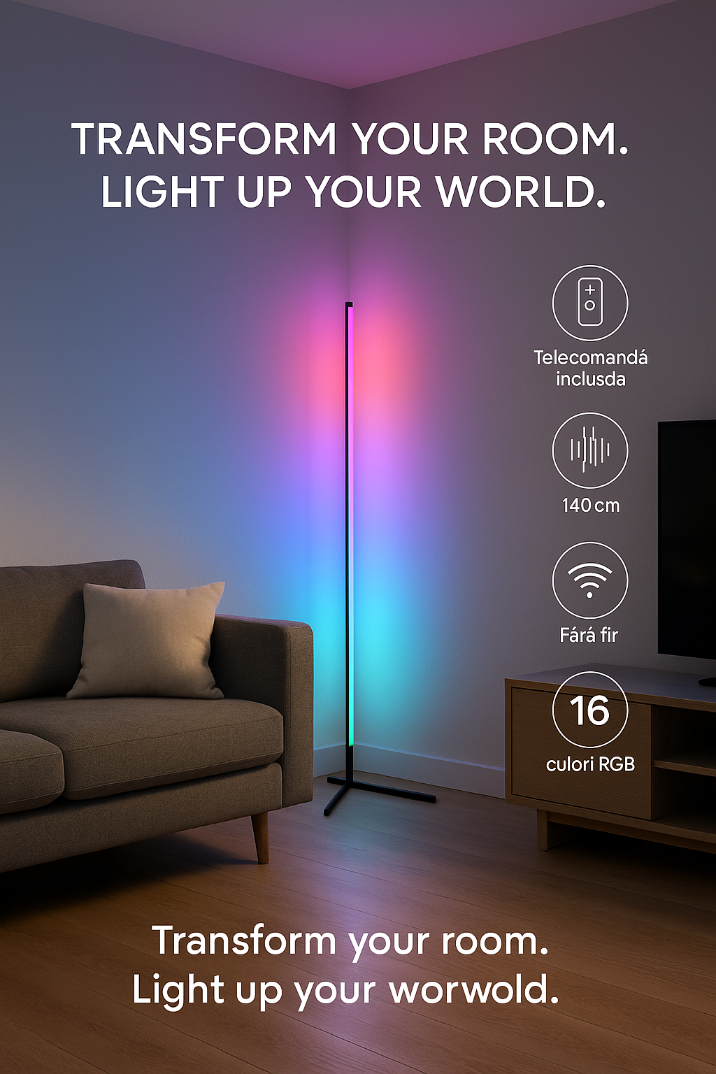 Lampa LED Grundig RGB 140 cm cu Telecomanda si Reactie la Muzica – Iluminare Inteligenta pentru Camera Moderna