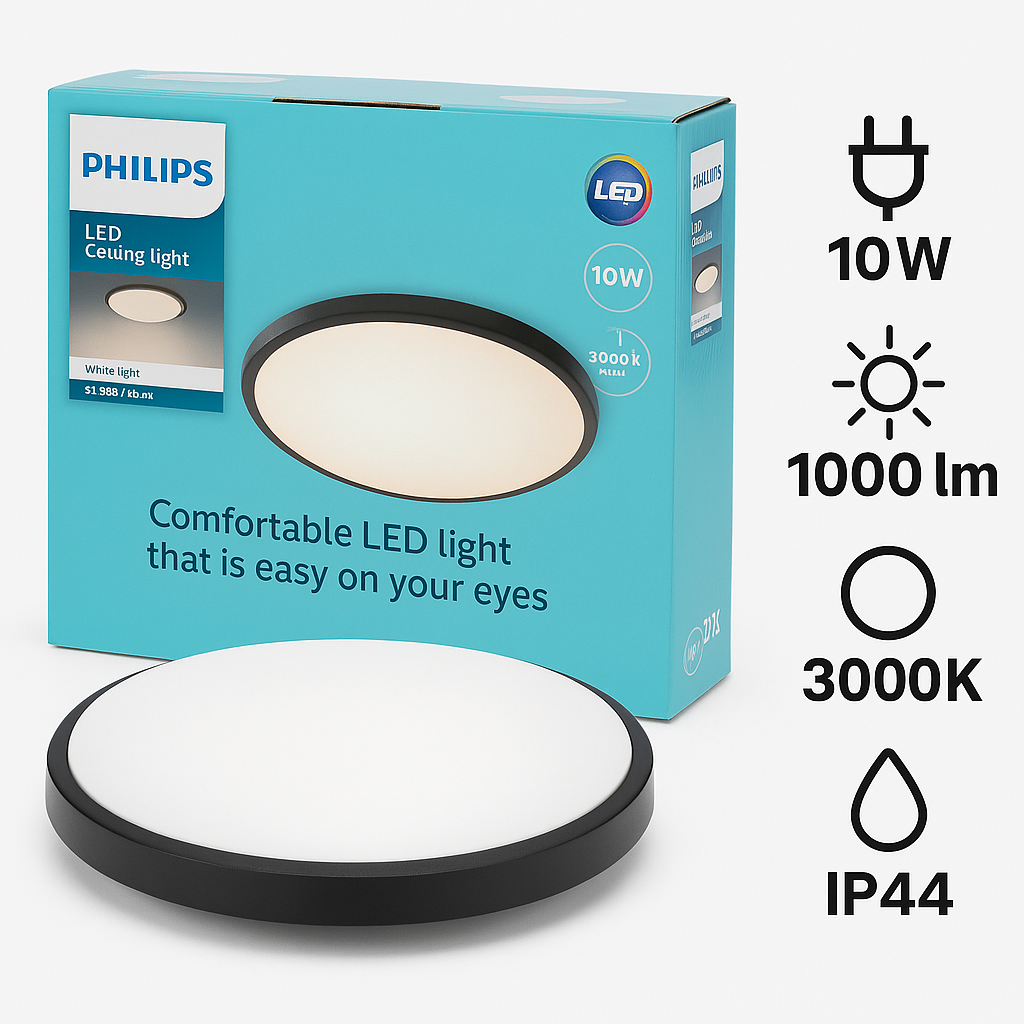 Plafoniera LED Philips CL200 Black, 10W, 1000 lm, 3000K, IP44, Ø24 cm
