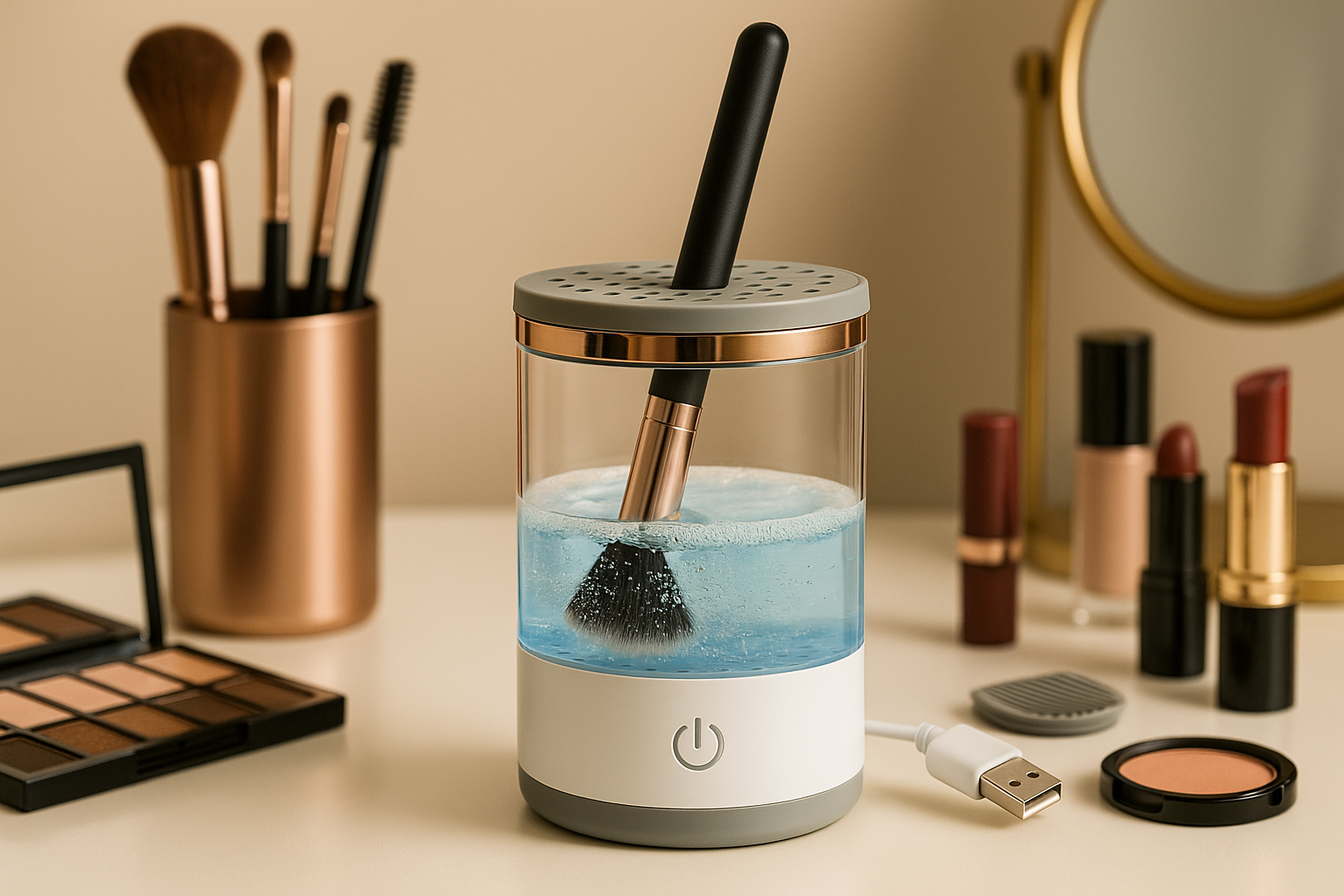 Aparat curățare pensule machiaj S-Eye, rotire 360°, suport uscare, alb, pentru 3 pensule