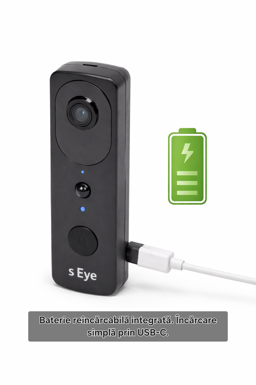 Sonerie video smart s-Eye WiFi 2.4GHz cu cameră HD 1296p și baterie reîncărcabilă