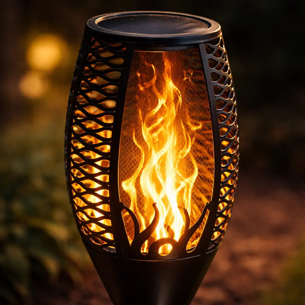 Lampă solară LED cu efect flacără pentru grădină, aprindere automată, montaj în sol