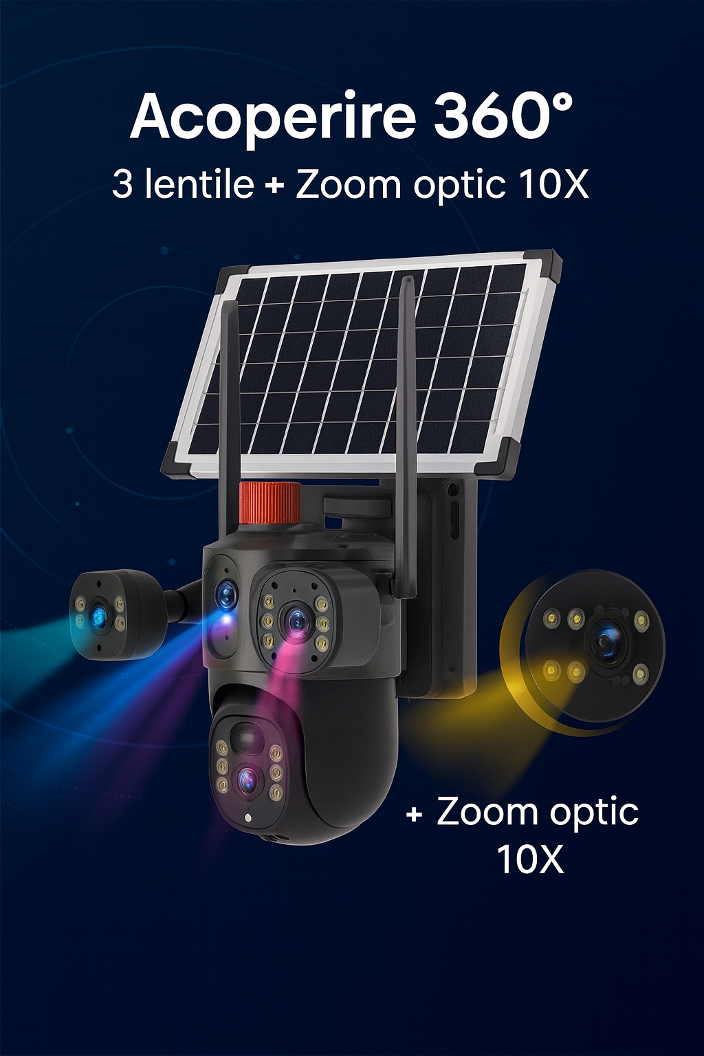 Cameră de Supraveghere Exterioară s-Eye Tripla 4G, 12MP Ultra HD, Zoom 10X, PTZ, Alimentare Solară 7.5W, Baterie 8000mAh