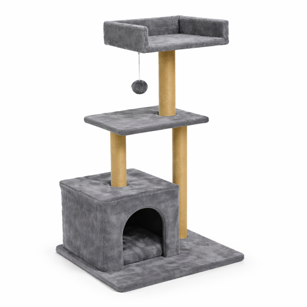 Ansamblu Joaca Pisici S-Eye - Stalp Zgariat 3 Niveluri, 30x50x90 cm, Plus Moale, Sisal Rezistent, Gri