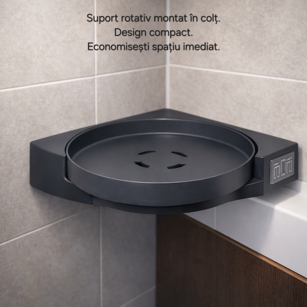 Suport rotativ baie s eye 360°, montaj fără găurire, organizator cosmetic rezistent la umezeală