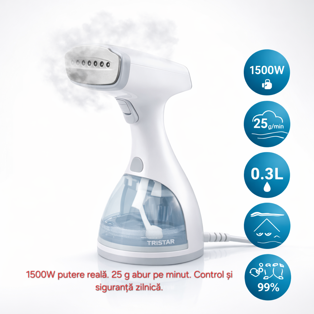 Calcator vertical cu abur s-Eye Tristar 1500W, abur continuu 25 g minut, rezervor 0.3L