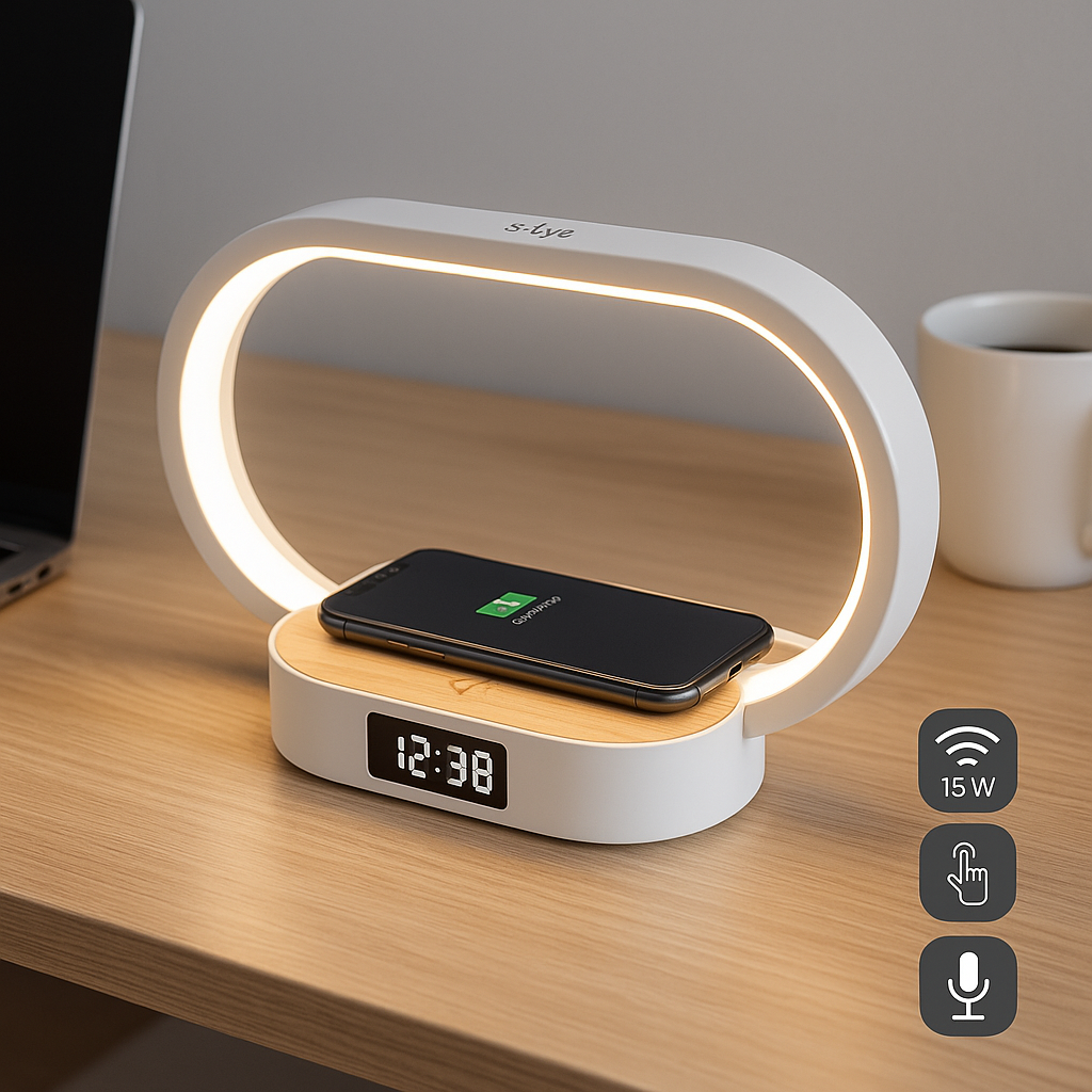 Lampa Multifunctionala s-Eye 3-in-1 cu Ceas, Lumina LED Reglabila si Wireless Charger