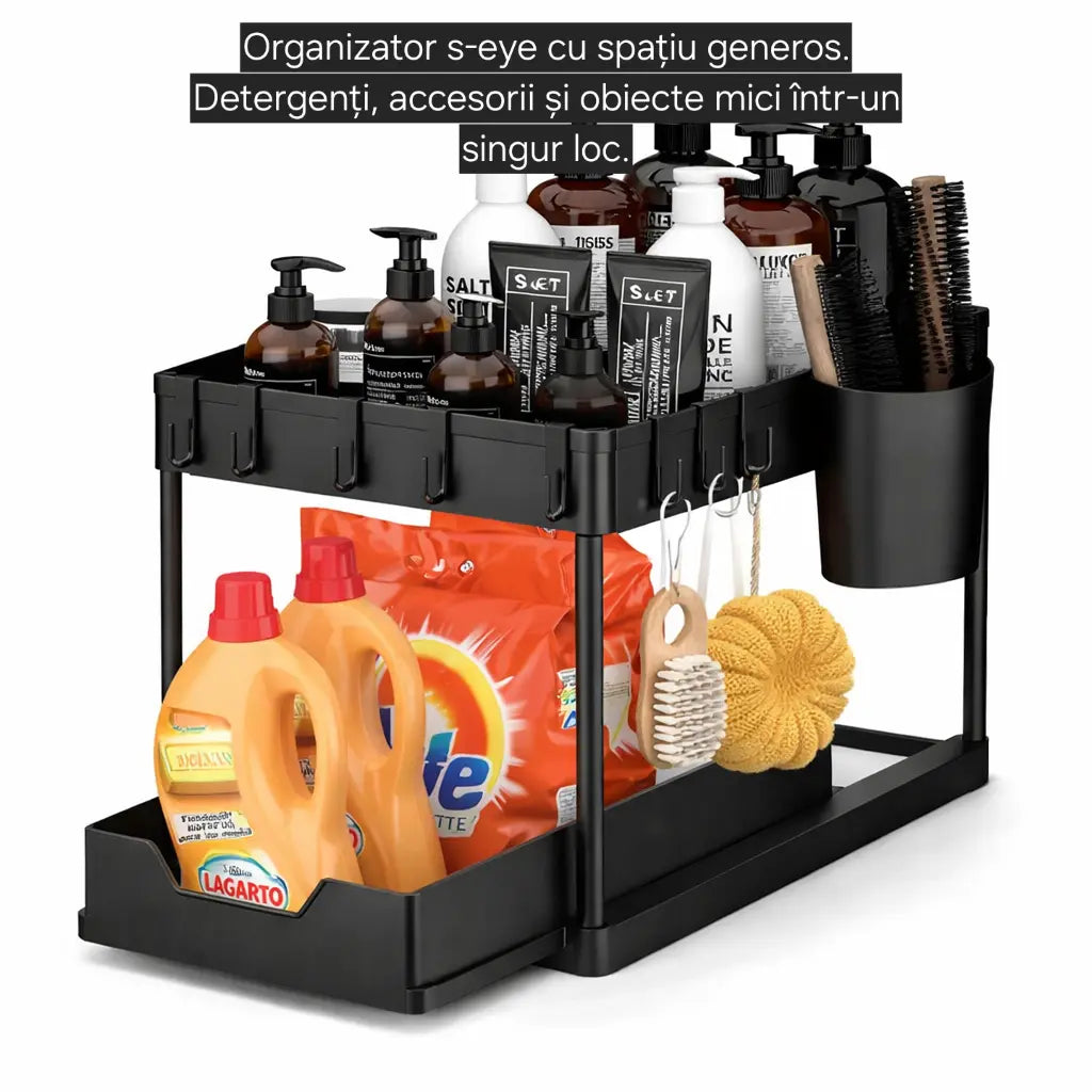 Organizator sub chiuvetă s-eye cu coș glisant, 2 niveluri, raft depozitare baie și bucătărie, negru
