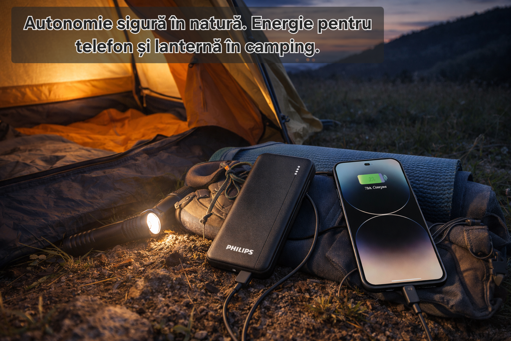 Baterie externă Philips 10000 mAh, PD 20W, încărcare de până la 2.3 ori mai rapidă, USB C, 2 x USB A, protecție avansată, sigură pentru avion, cablu inclus
