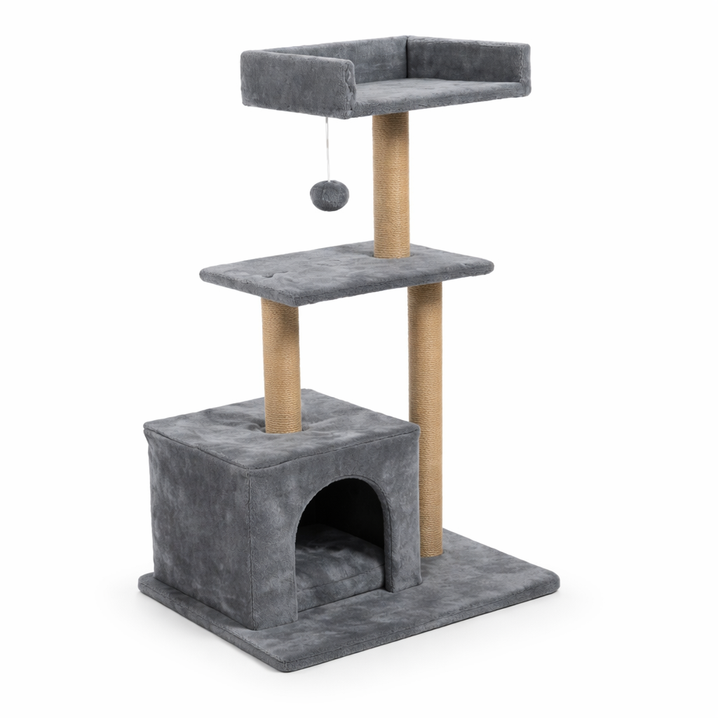 Ansamblu Joaca Pisici S-Eye - Stalp Zgariat 3 Niveluri, 30x50x90 cm, Plus Moale, Sisal Rezistent, Gri