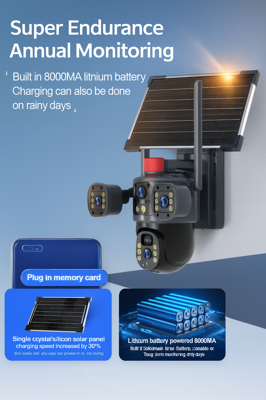 Cameră de Supraveghere Exterioară s-Eye Tripla 4G, 12MP Ultra HD, Zoom 10X, PTZ, Alimentare Solară 7.5W, Baterie 8000mAh