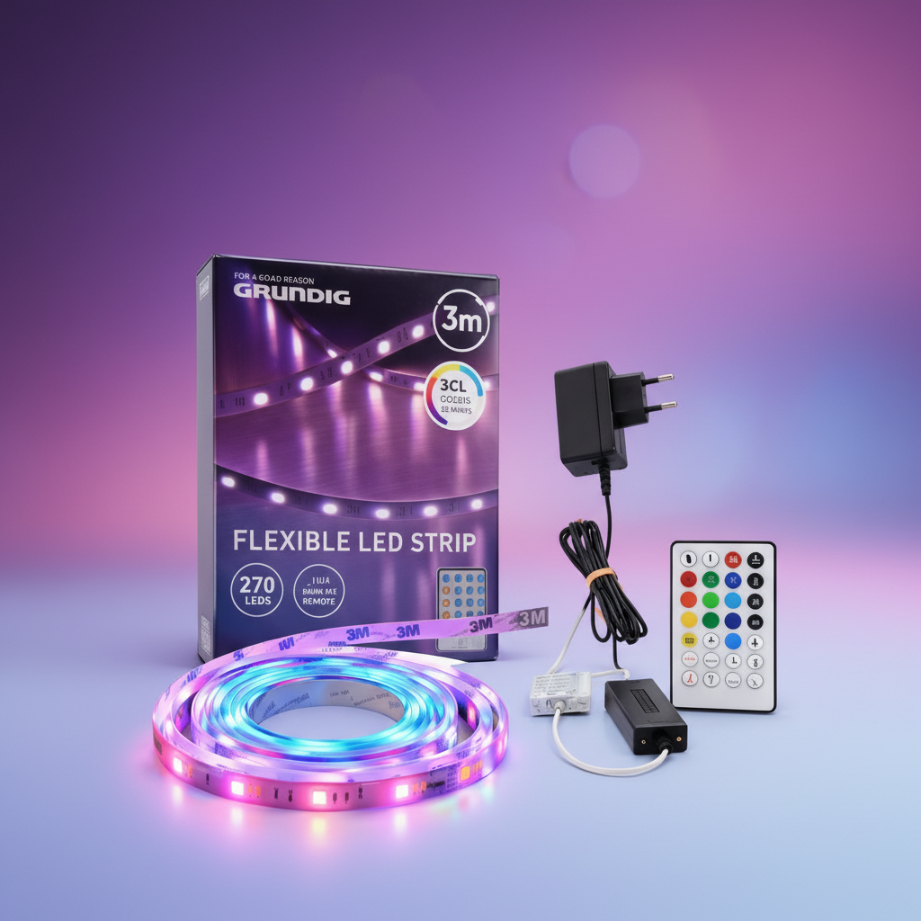 Banda LED 3m Grundig RGB + Alb Reglabil, 270 LED-uri SMD 5050, 600lm, 12 Culori, 4 Moduri, Functie Muzica, Telecomanda si Adaptor 12V Incluse