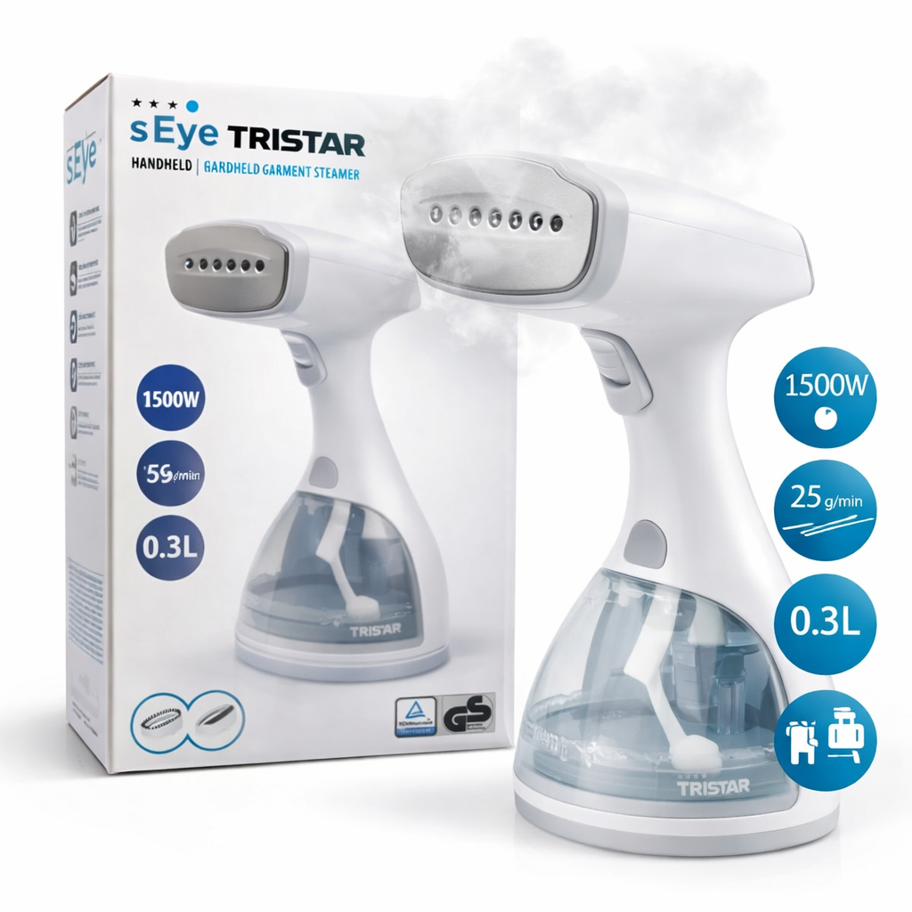 Calcator vertical cu abur s-Eye Tristar 1500W, abur continuu 25 g minut, rezervor 0.3L