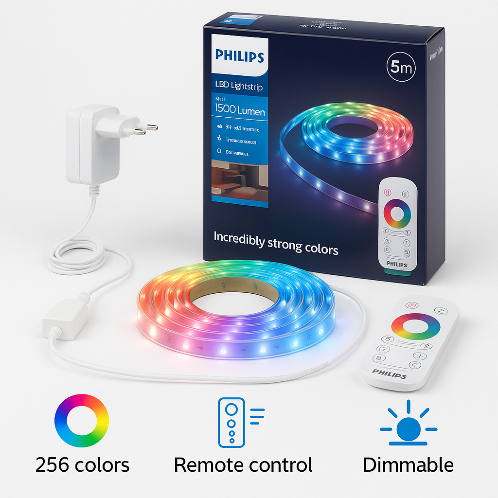 Bandă LED Philips RGB 5m, 24W, 1500 lm, telecomandă, 256 culori, iluminare ambientală