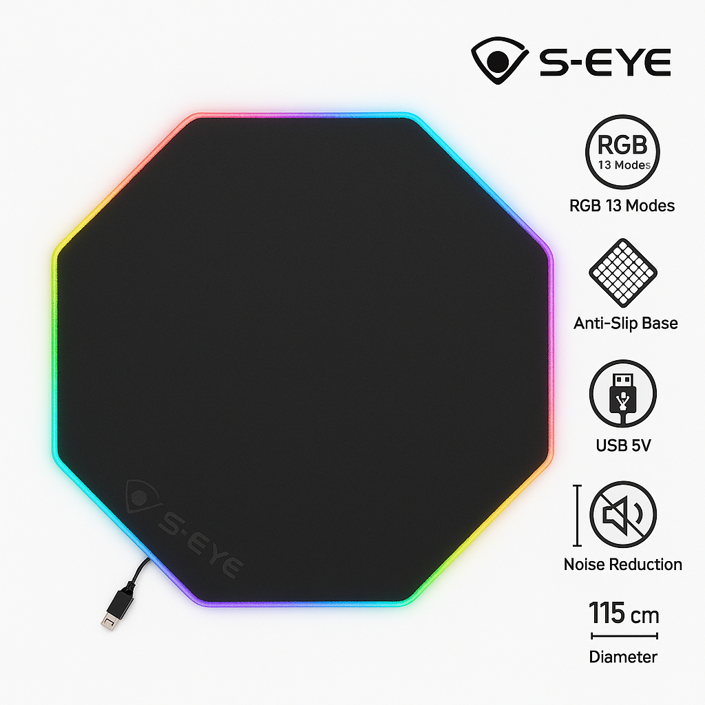 Covoraș de Podea Gaming S-Eye, LED RGB, octogonal, antiderapant, 115 cm, multicolor