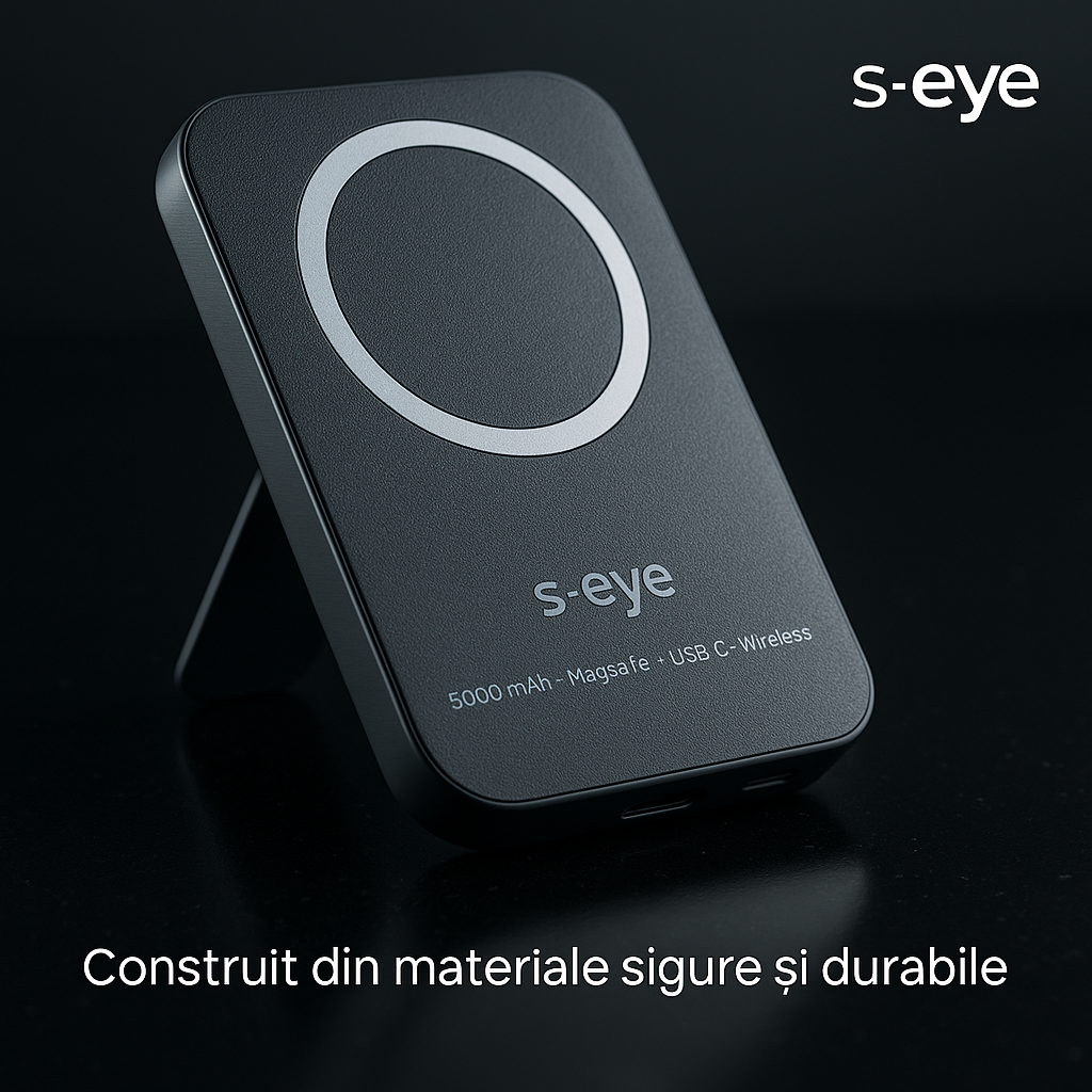 Baterie externa, Powerbank Magnetic s-Eye 5000 mAh cu Suport MagSafe si Stand Integrat – Incarcare Rapida USB-C & Wireless