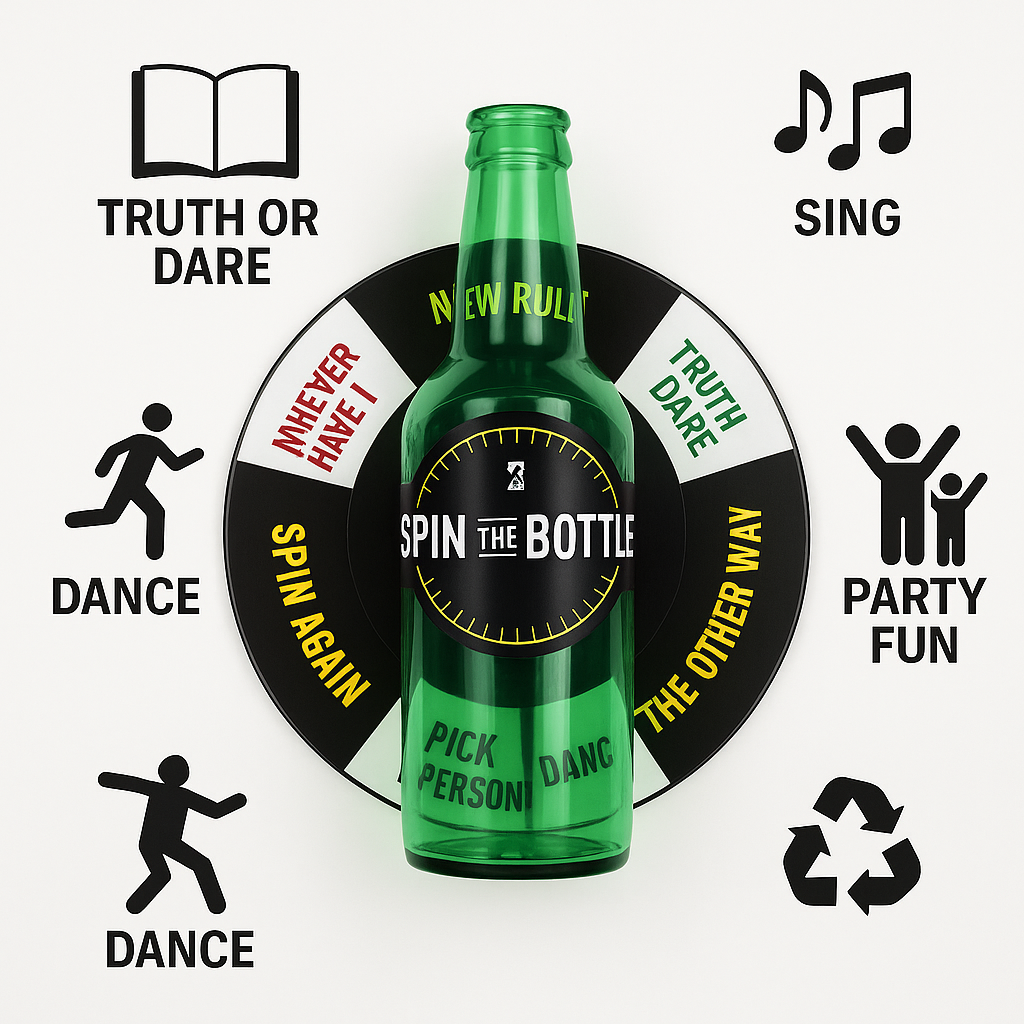 Joc de petrecere s-Eye,  Spin The Bottle SI, „Învârte sticla”, cu provocări amuzante, pentru grupuri de prieteni